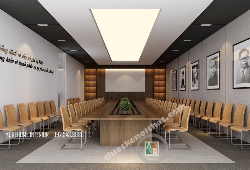 Để tạo nên một không gian văn phòng đẹp, trần nhà thạch cao kết hợp với đèn led sẽ làm nổi bật điểm nhấn của căn phòng.